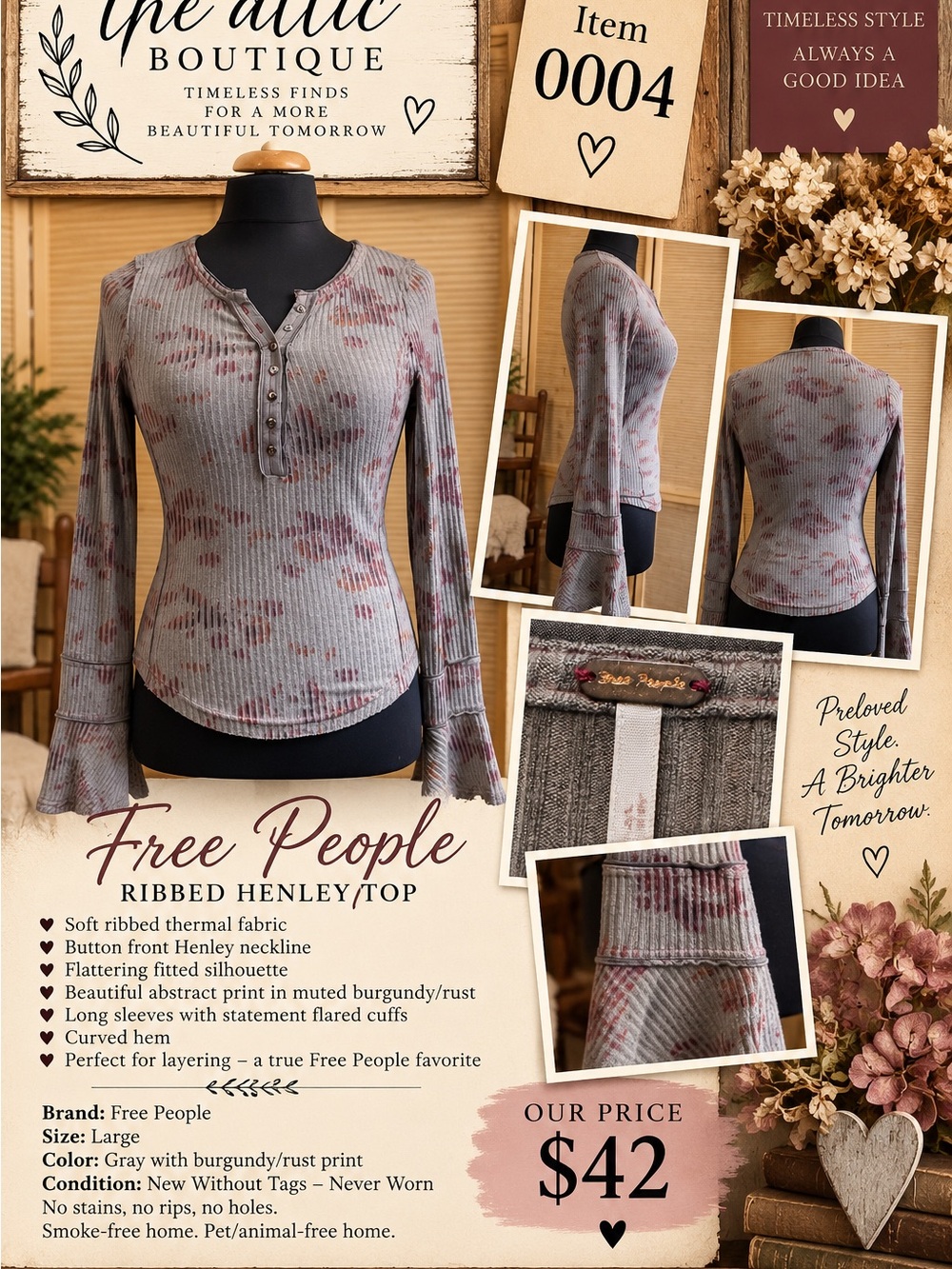 Free People Gray Ribbed Henley Top with Burgundy Rust Accents